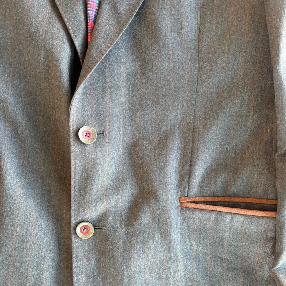 Robert Graham Mens Brown Pinstripe 100% Wool Blazer Jacket Plaid Lining Size 42‎
